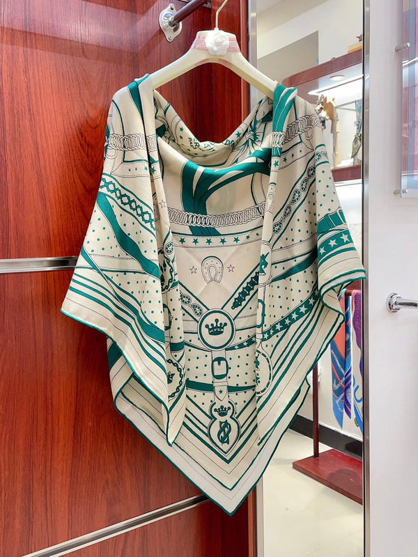 Square Scarf 140CM White Mix Dark Green Cashmere And Silk