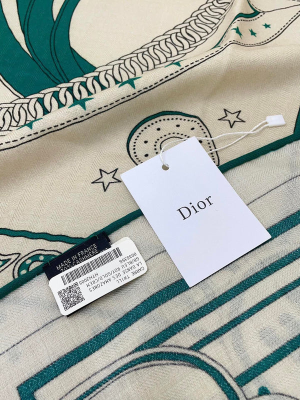 Square Scarf 140CM White Mix Dark Green Cashmere And Silk