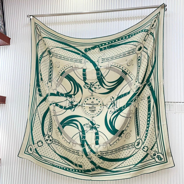 Square Scarf 140CM White Mix Dark Green Cashmere And Silk