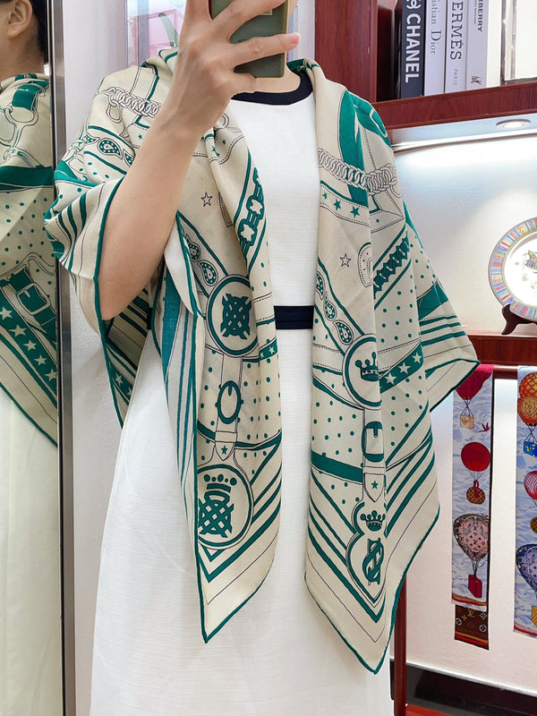 Square Scarf 140CM White Mix Dark Green Cashmere And Silk