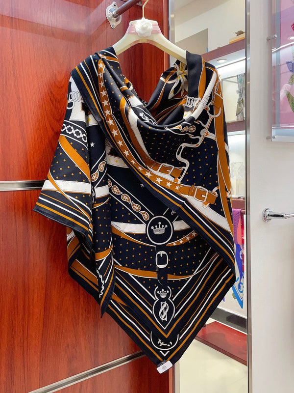 Square Scarf 140CM Black Mix Orange White Cashmere And Silk