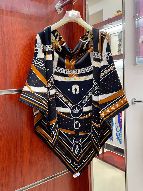 Square Scarf 140CM Black Mix Orange White Cashmere And Silk