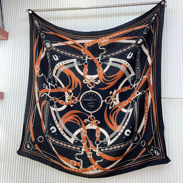 Square Scarf 140CM Black Mix Orange White Cashmere And Silk