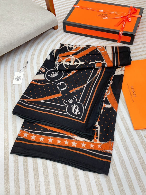 Square Scarf 140CM Black Mix Orange White Cashmere And Silk