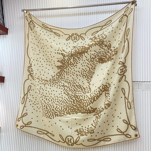 Square Scarf 140 CM Ivory White Pattern Cashmere And Silk