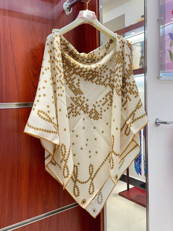 Square Scarf 140 CM Ivory White Pattern Cashmere And Silk