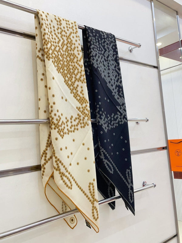 Square Scarf 140 CM Charcoal Blue Pattern Cashmere And Silk