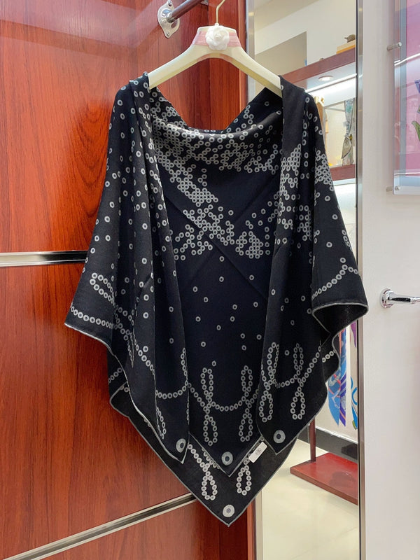 Square Scarf 140 CM Charcoal Blue Pattern Cashmere And Silk