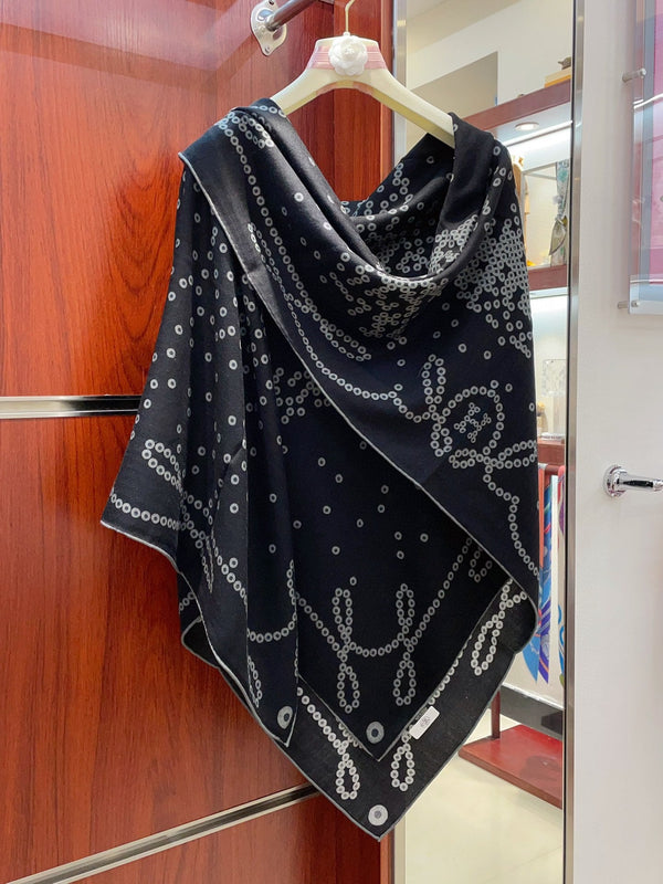 Square Scarf 140 CM Charcoal Blue Pattern Cashmere And Silk