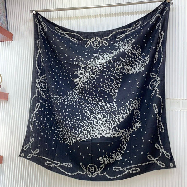 Square Scarf 140 CM Charcoal Blue Pattern Cashmere And Silk