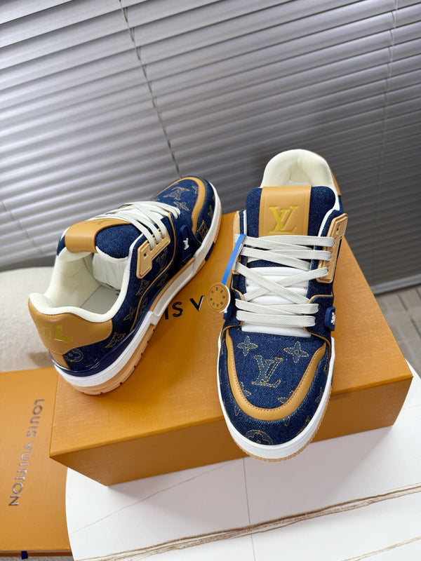 LV 1AJ360 Trainer Blue Monogram-embroidered Denim Cafskin 511760