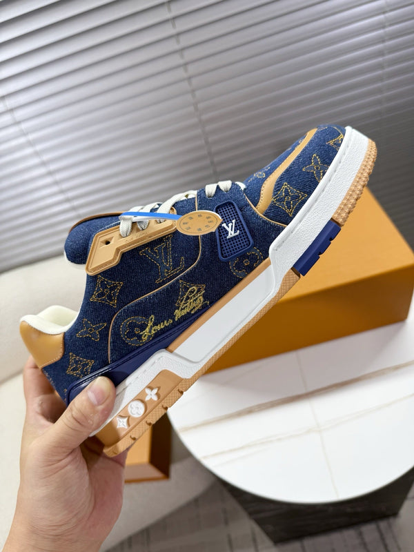 LV 1AJ360 Trainer Blue Monogram-embroidered Denim Cafskin 511760