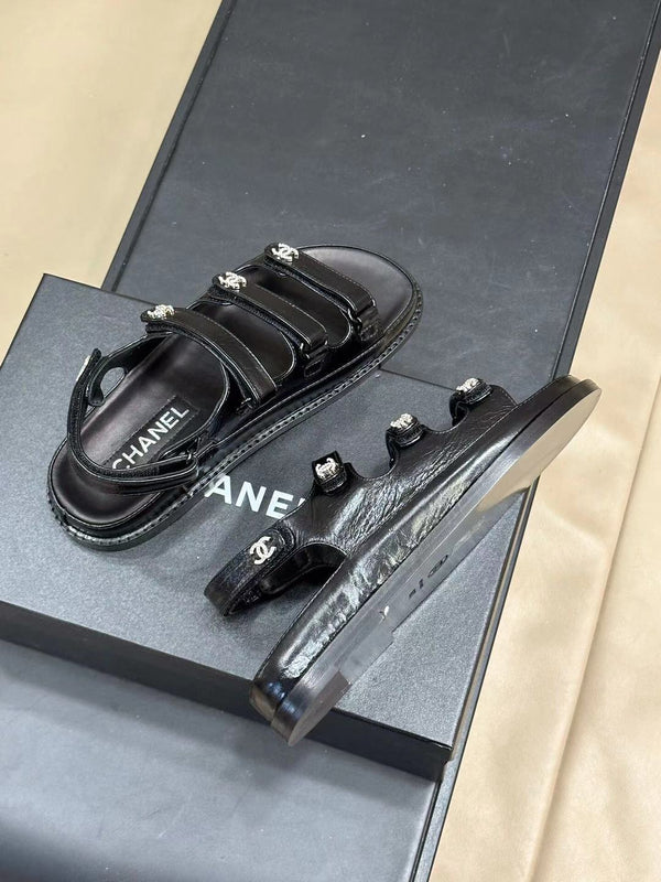 CC DAD SANDALS THREE STRAP BLACK LAMBSKIN