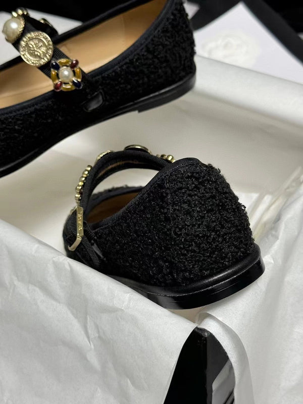 CC MARY JANES IN TWEED DI LANA NERA E TESSUTO
