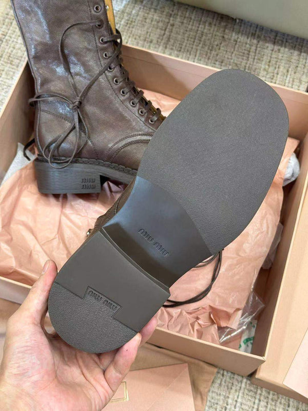 Miu Cocoa Brown Leather Lace-Up Boots