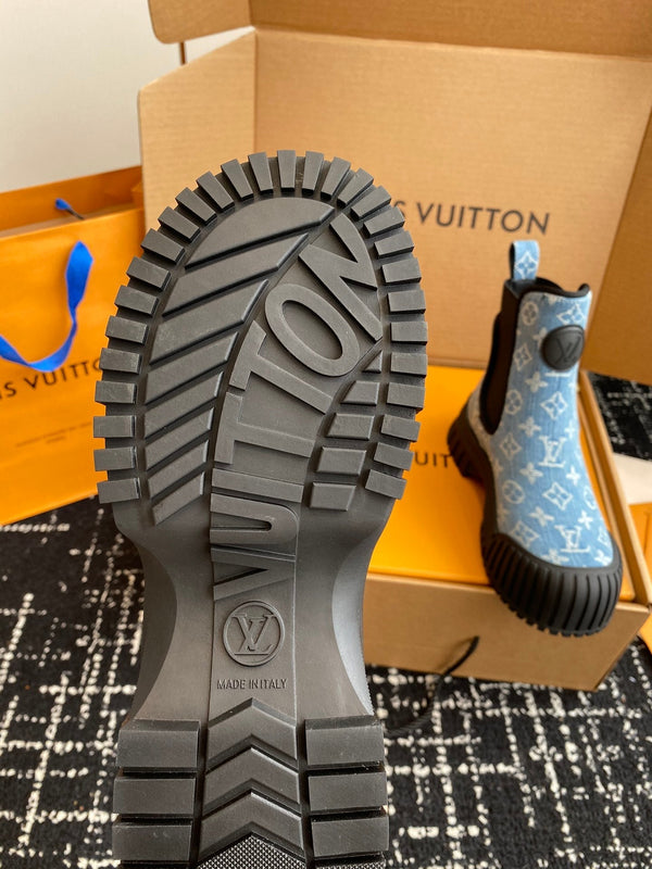 LV Ruby Flat Ankle Boots Light Blue Monogram Jacquard Fabric