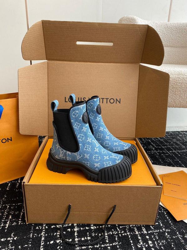 LV Ruby Flat Ankle Boots Light Blue Monogram Jacquard Fabric