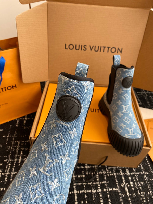 LV Ruby Flat Ankle Boots Light Blue Monogram Jacquard Fabric