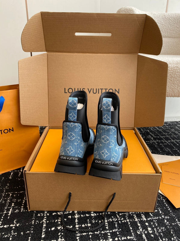 LV Ruby Flat Ankle Boots Light Blue Monogram Jacquard Fabric