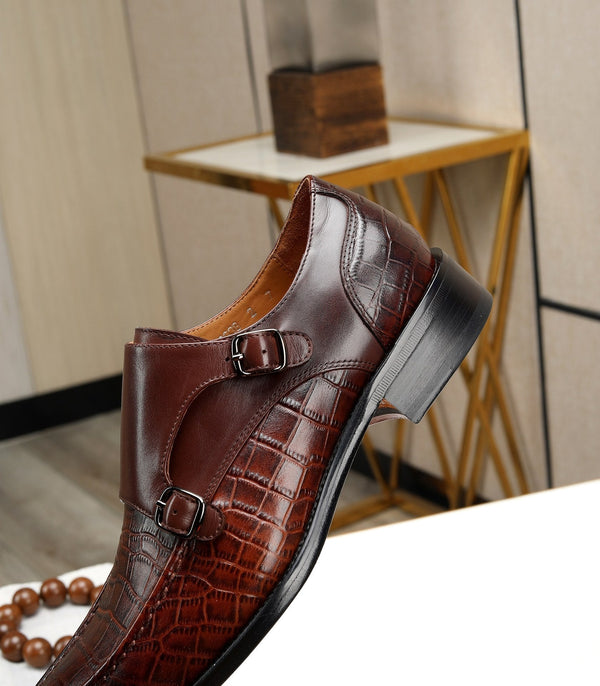 HM DOUBLE MONK STRAP RUSSET CON MOTIVO IN PELLE DI VITELLO E COCCODRILLO