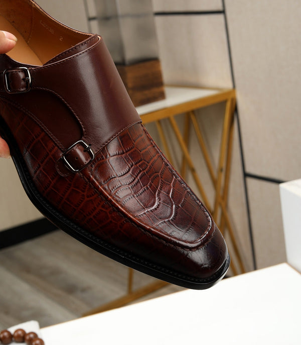 HM DOUBLE MONK STRAP RUSSET CON MOTIVO IN PELLE DI VITELLO E COCCODRILLO