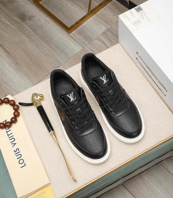 LV AIR FORCE 1 GLOSSY BLACK CALFSKIN WITH BROWN MONOGRAM LOGO