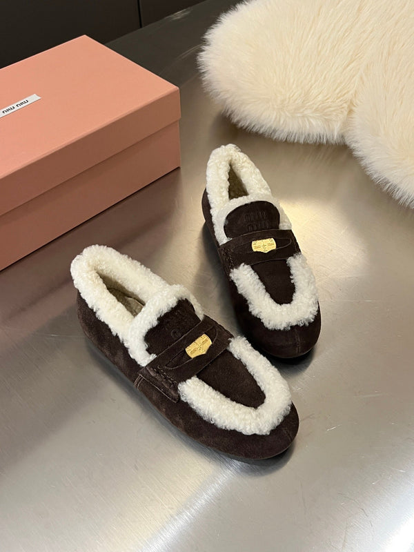 Miu Logo-Embossed Loafer Deep Neutral Suede Shearling 455916