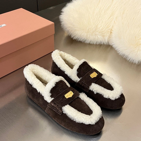 Miu Logo-Embossed Loafer Deep Neutral Suede Shearling 455916