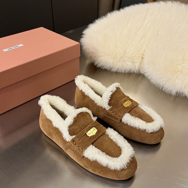 Miu Logo-Embossed Loafer Dark Brown Suede Shearling 455918