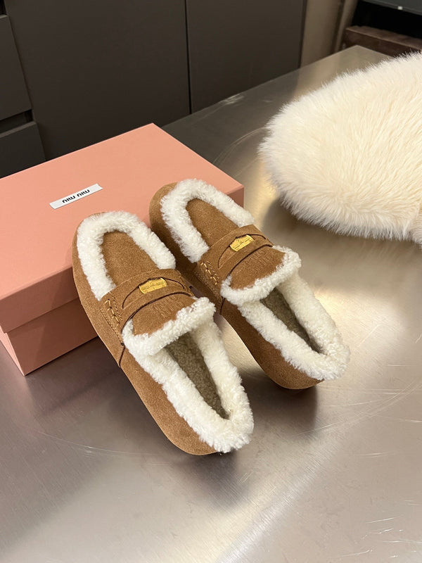 Miu Logo-Embossed Loafer Dark Brown Suede Shearling 455918