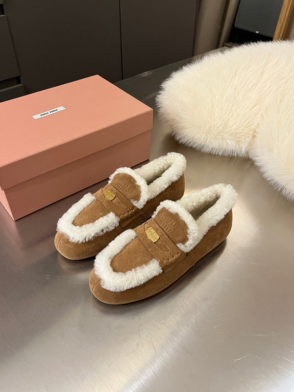 Miu Logo-Embossed Loafer Dark Brown Suede Shearling 455918