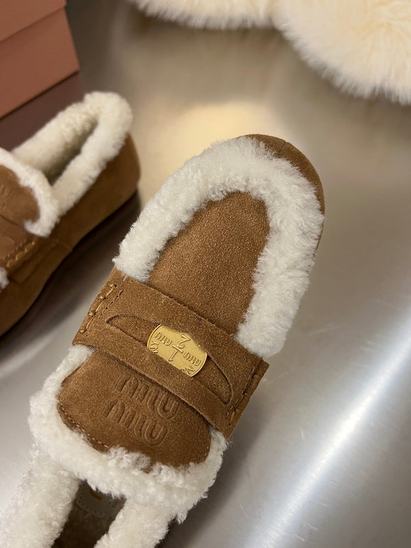 Miu Logo-Embossed Loafer Dark Brown Suede Shearling 455918