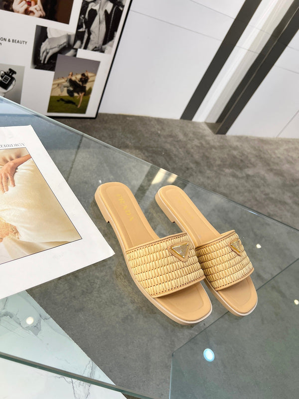 Prada 25 Slipper Beige Raffia Calfskin 177633
