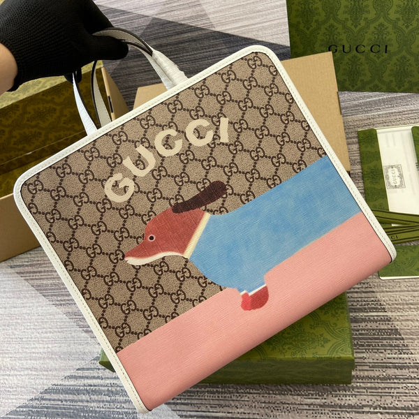 CHILDREN'S PUPPY PRINT TOTE BAG 28 IN BEIGE CANVAS AND WHITE CALFSKIN TRIM