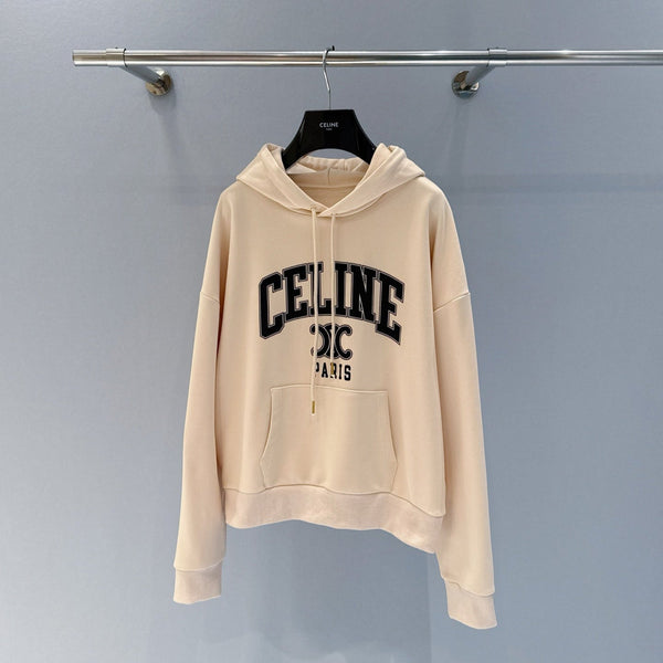 Celine 25 Letter Logo Hooded Pullover Sweatshirt Beige mix Black Cotton