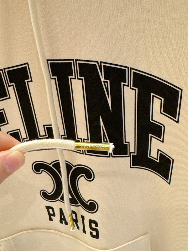 Celine 25 Letter Logo Hooded Pullover Sweatshirt Beige mix Black Cotton