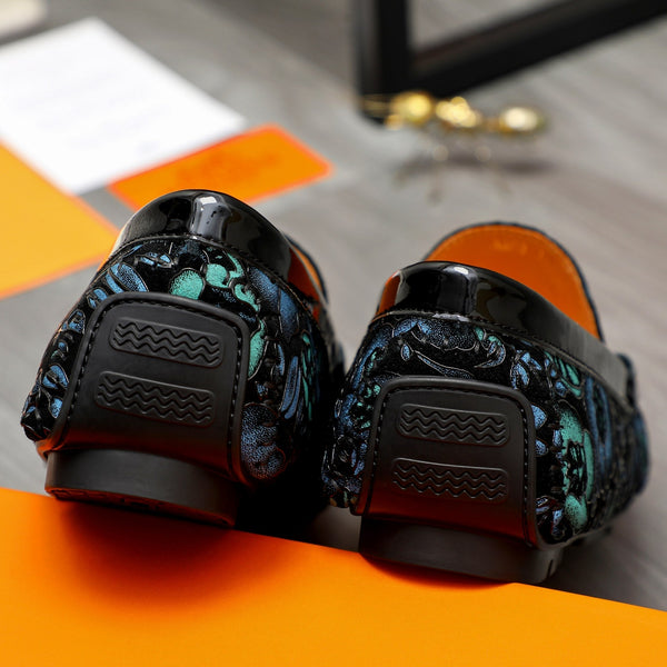 MOCASSINO HM FLOWERS PATTERN IN PELLE DI VITELLO NERA