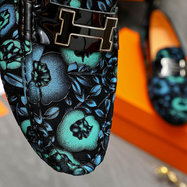 MOCASSINO HM FLOWERS PATTERN IN PELLE DI VITELLO NERA