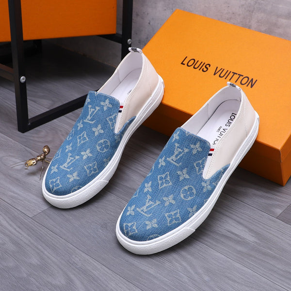 MOCASSINI LV IN DENIM AZZURRO E PELLE DI VITELLO BIANCA