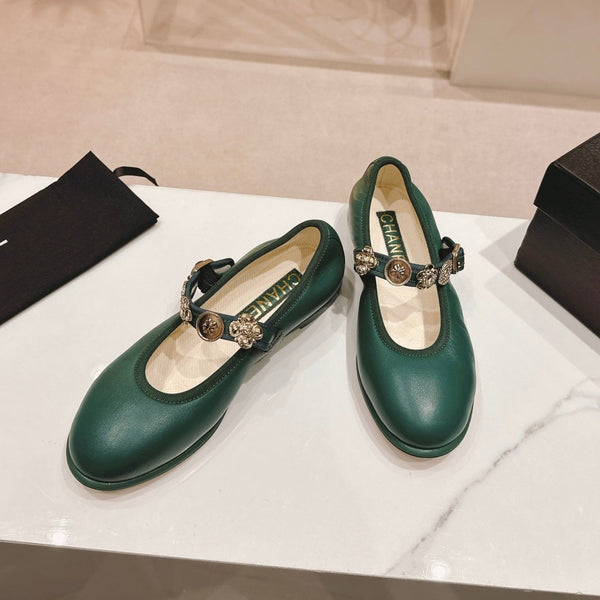 CC MARY JANES GREEN CALFSKIN LIGHT GOLD METALIC