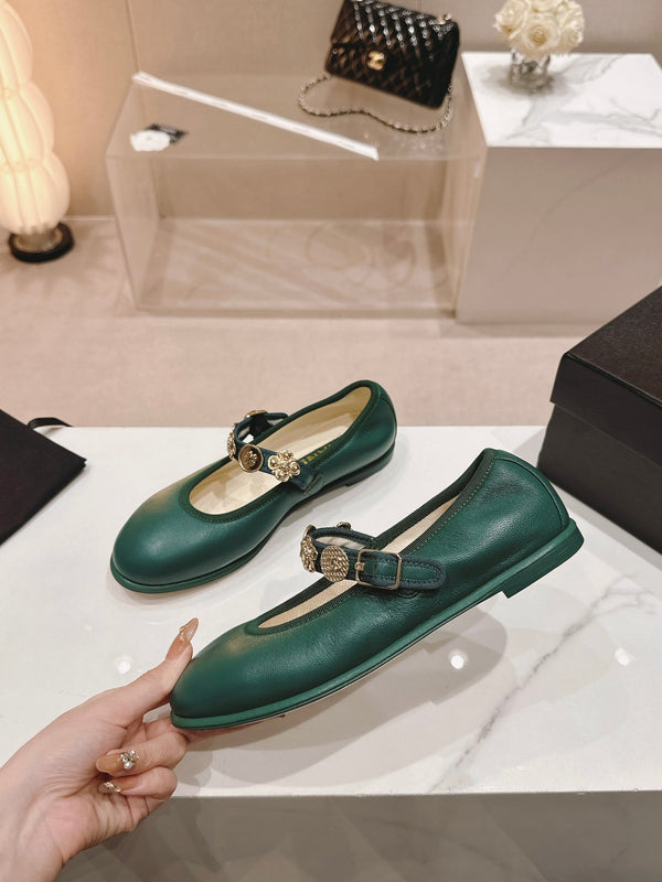 CC MARY JANES GREEN CALFSKIN LIGHT GOLD METALIC