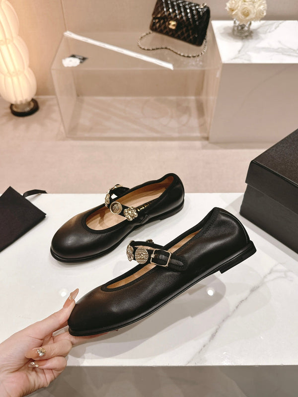 CC MARY JANES BLACK CALFSKIN LIGHT GOLD METALIC