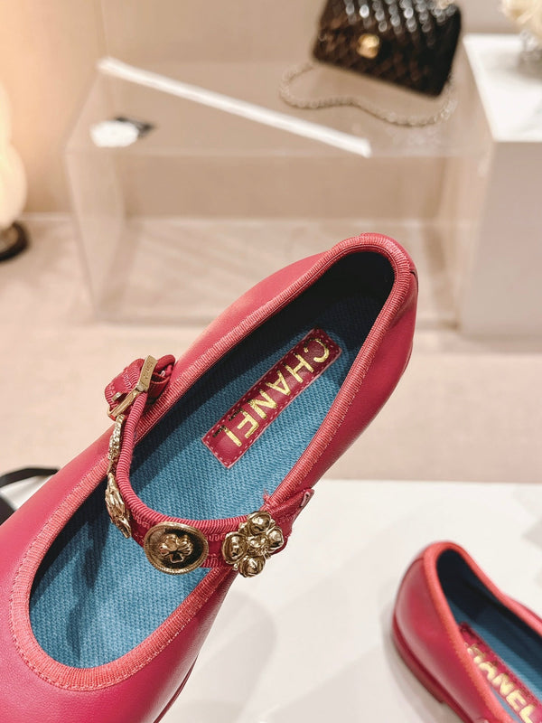 CC MARY JANES DARK RED CALFSKIN LIGHT GOLD METALIC