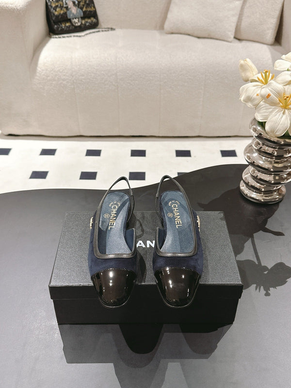 cc 2024k slingback 30mm dark blue suede black pattern calfskin 237501