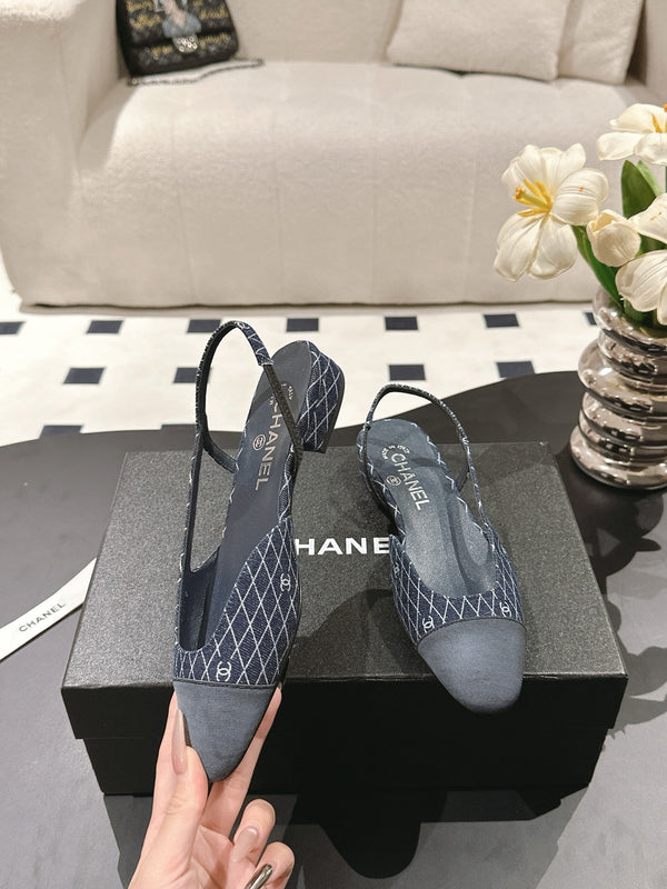 cc 25c slingback flat 15mm cross line pattern dark blue denim 237486