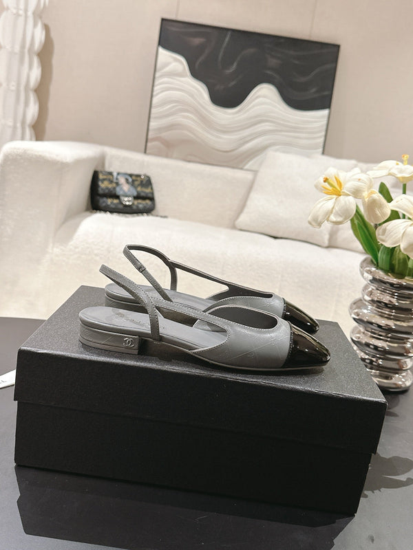 cc 25c slingback flat 15mm cross line pattern grey lambskin 237493