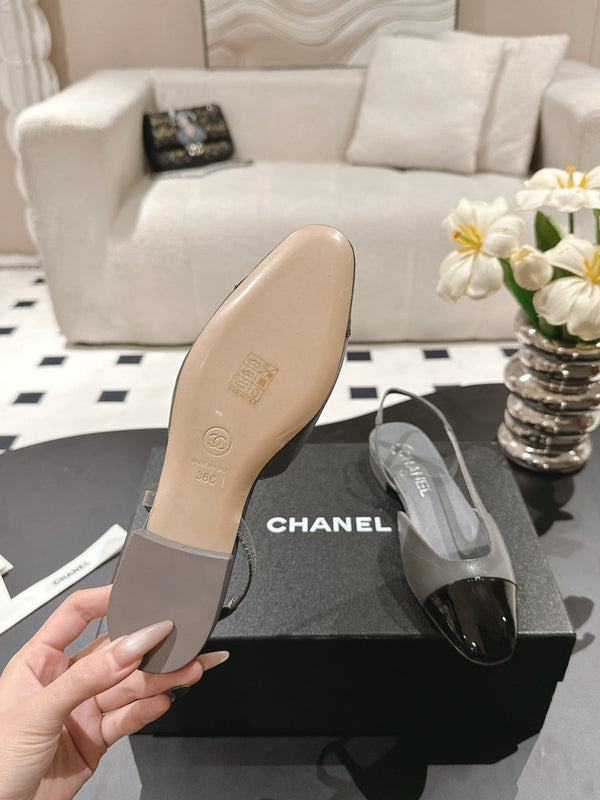 cc 25c slingback flat 15mm cross line pattern grey lambskin 237493