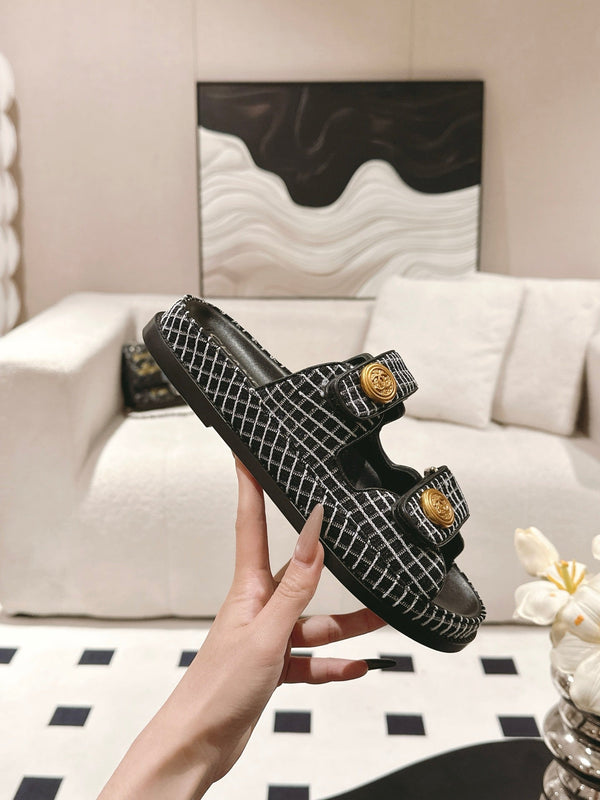 cc 25p dad mule sandal black white tweed 237576