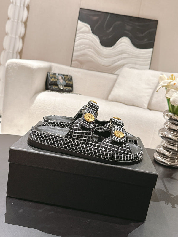 cc 25p dad mule sandal black white tweed 237576