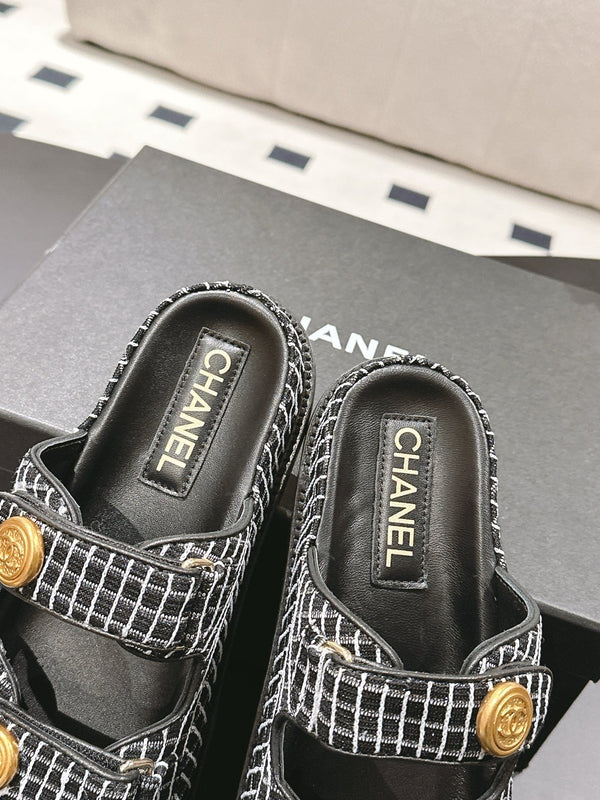 cc 25p dad mule sandal black white tweed 237576